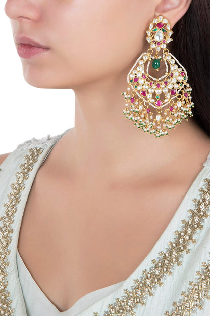 Gold Plated Pink and White Stones Chandbali Earrings