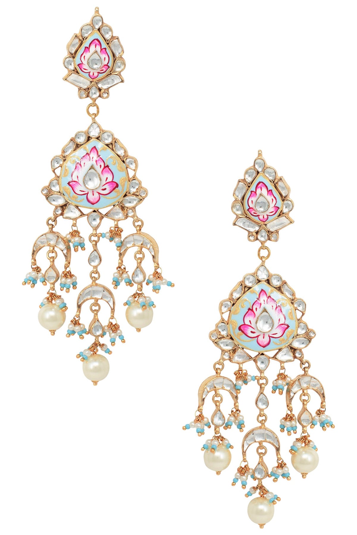 Gold Plated Pink and Firozi Meena Earrings