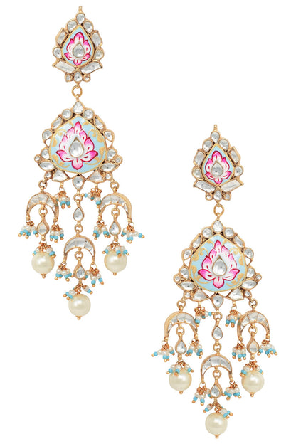 Gold Plated Pink and Firozi Meena Earrings