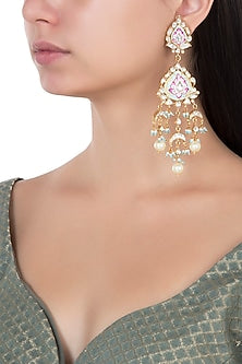Gold Plated Pink and Firozi Meena Earrings