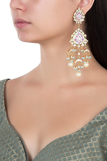 Gold Plated Pink and Firozi Meena Earrings