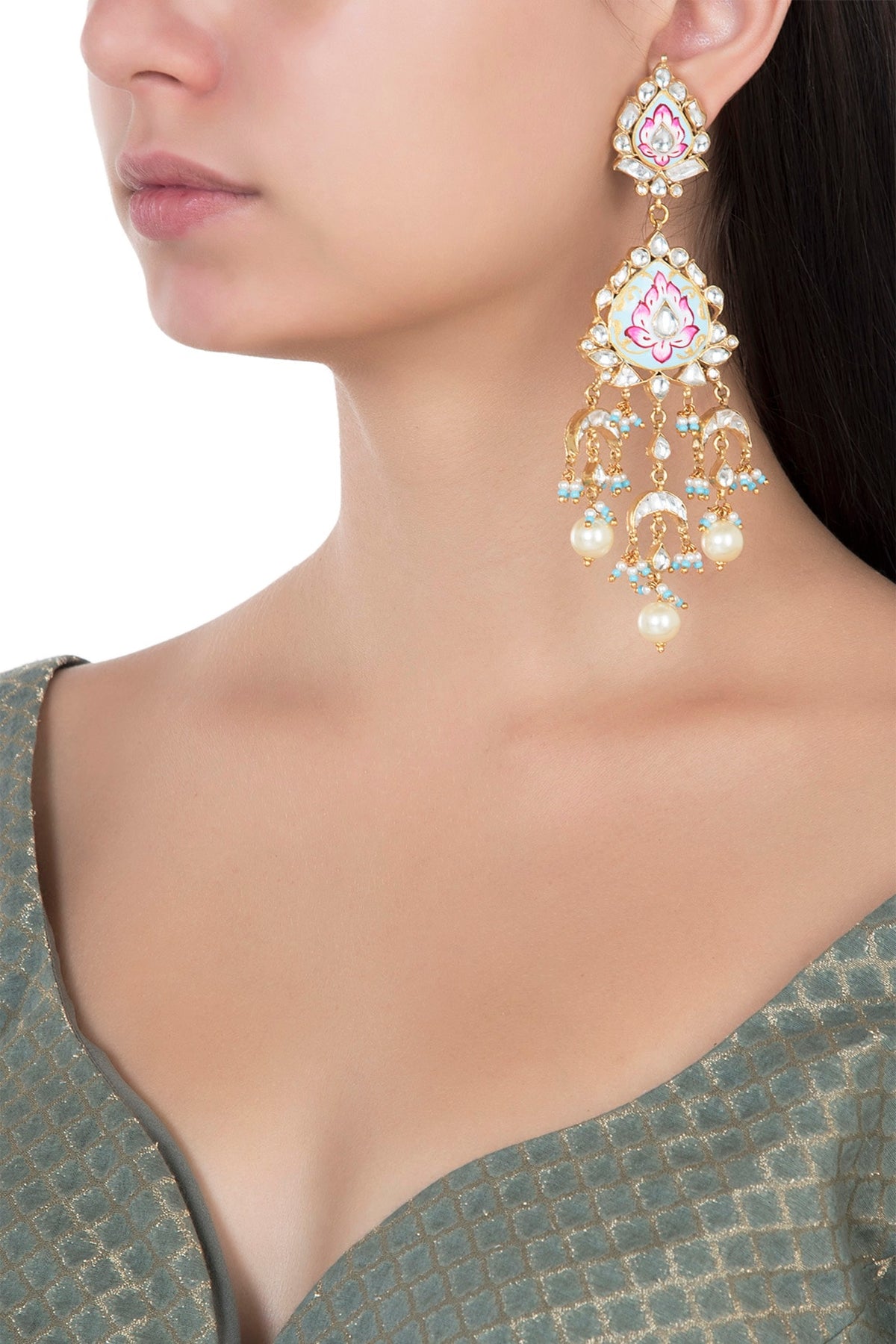 Gold Plated Pink and Firozi Meena Earrings