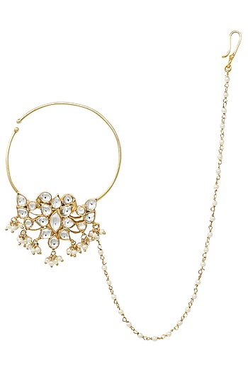 Gold Plated White Jadtar and Pearls Nose Ring