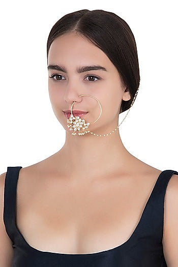 Gold Plated White Jadtar and Pearls Nose Ring