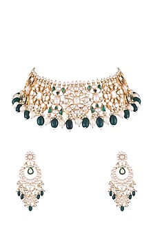 22Kt Gold Plated Emerald & Pearl Choker Necklace Set