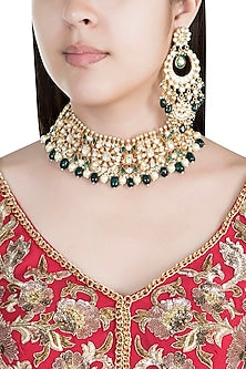 22Kt Gold Plated Emerald & Pearl Choker Necklace Set