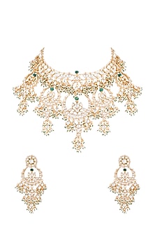 22Kt Gold Plated Pearl & Emerald Chand Pendant Necklace Set