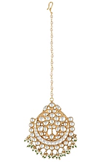 Gold plated green and white maang tikka