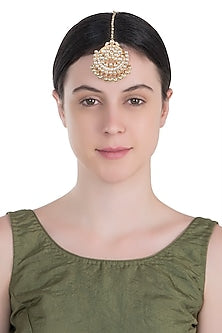 Gold plated green and white maang tikka