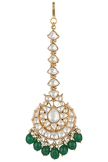 Gold plated white and green drops jadtar maang tikka
