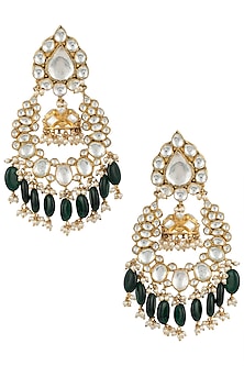 Gold plated green and white jhumka earrings