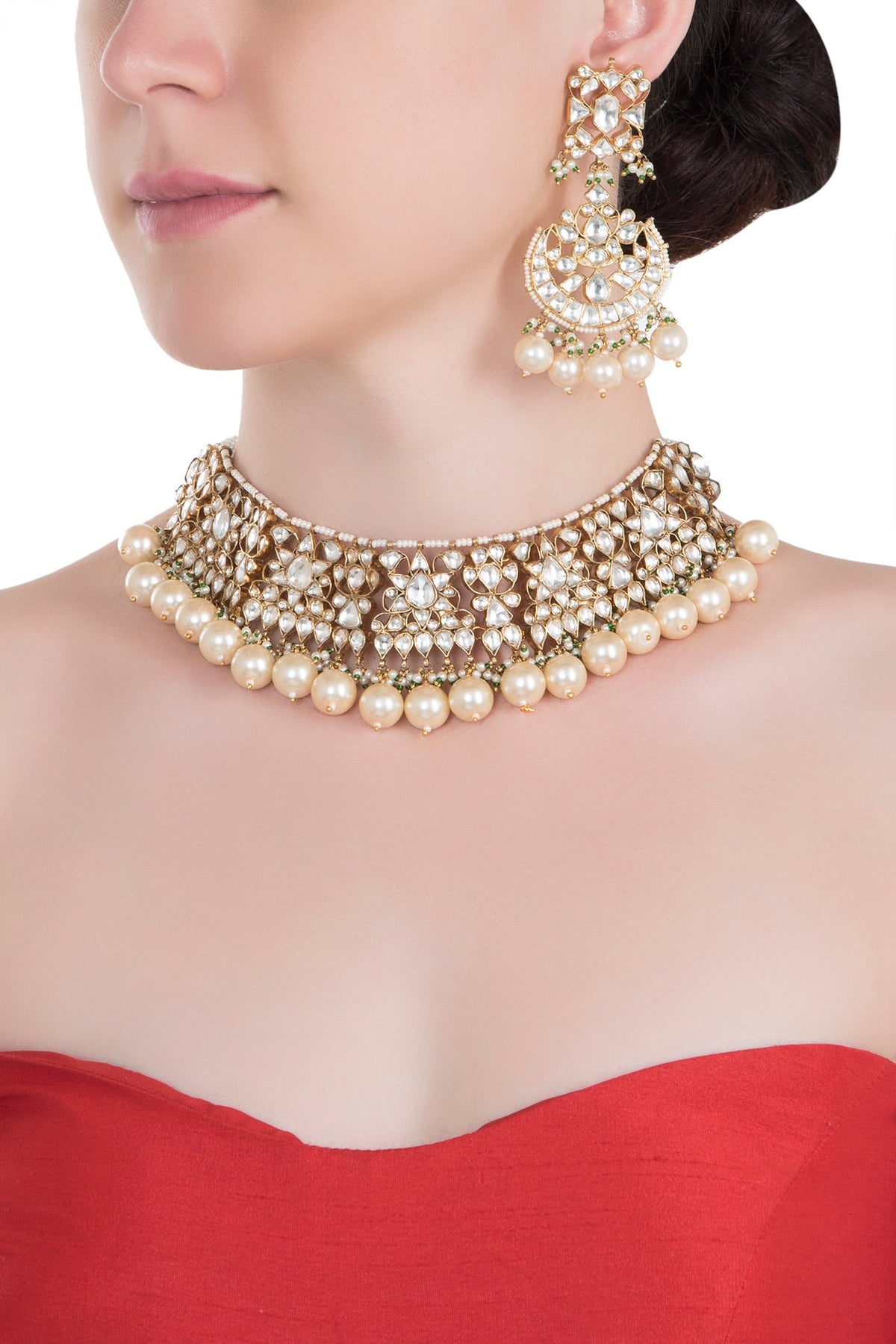 Gold plated white choker pearl necklace set