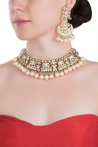 Gold plated white choker pearl necklace set