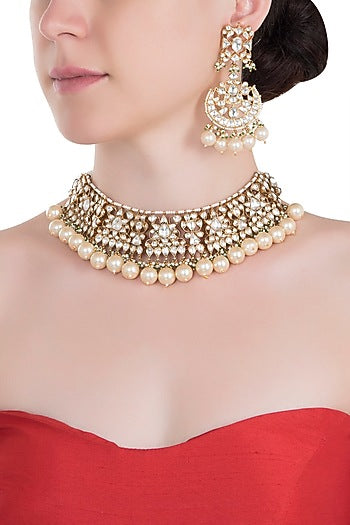Gold plated white choker pearl necklace set
