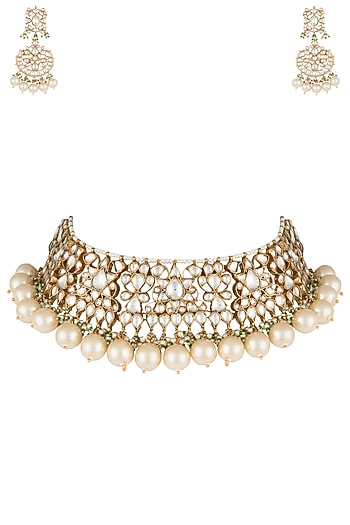 Gold plated white choker pearl necklace set