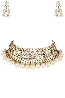 Gold plated white choker pearl necklace set