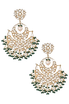 Gold plated green bead chandbali earrings