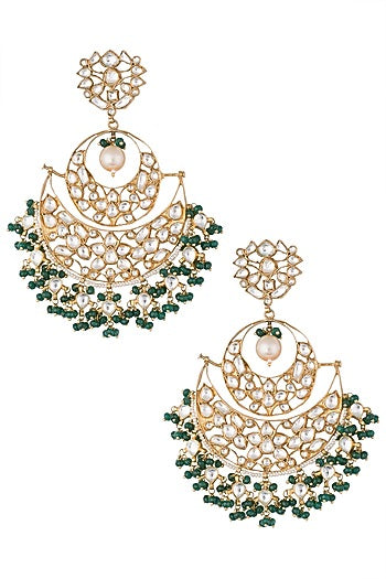 Gold plated green bead chandbali earrings
