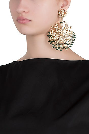 Gold plated green bead chandbali earrings
