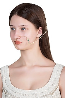Gold plated green beads and pearl nose ring