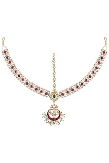 Gold plated pink and white stone mathapatti