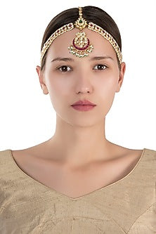 Gold plated pink and white stone mathapatti