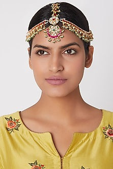 Gold Plated Matha Patti With Green Bead Hangings