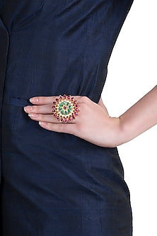 Gold plated green and pink floral ring