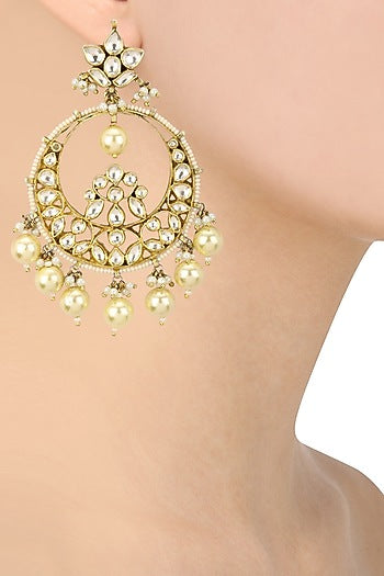 Gold Plated Pink and White Jadtar Stones Chandbali Earrings