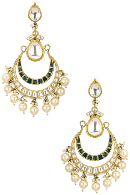 Gold Plated White and Green Jadtar Stones Crescent Earrings