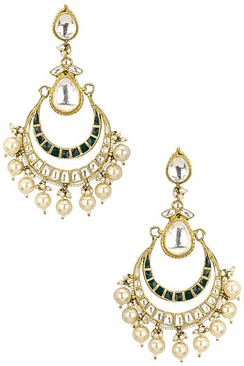 Gold Plated White and Green Jadtar Stones Crescent Earrings