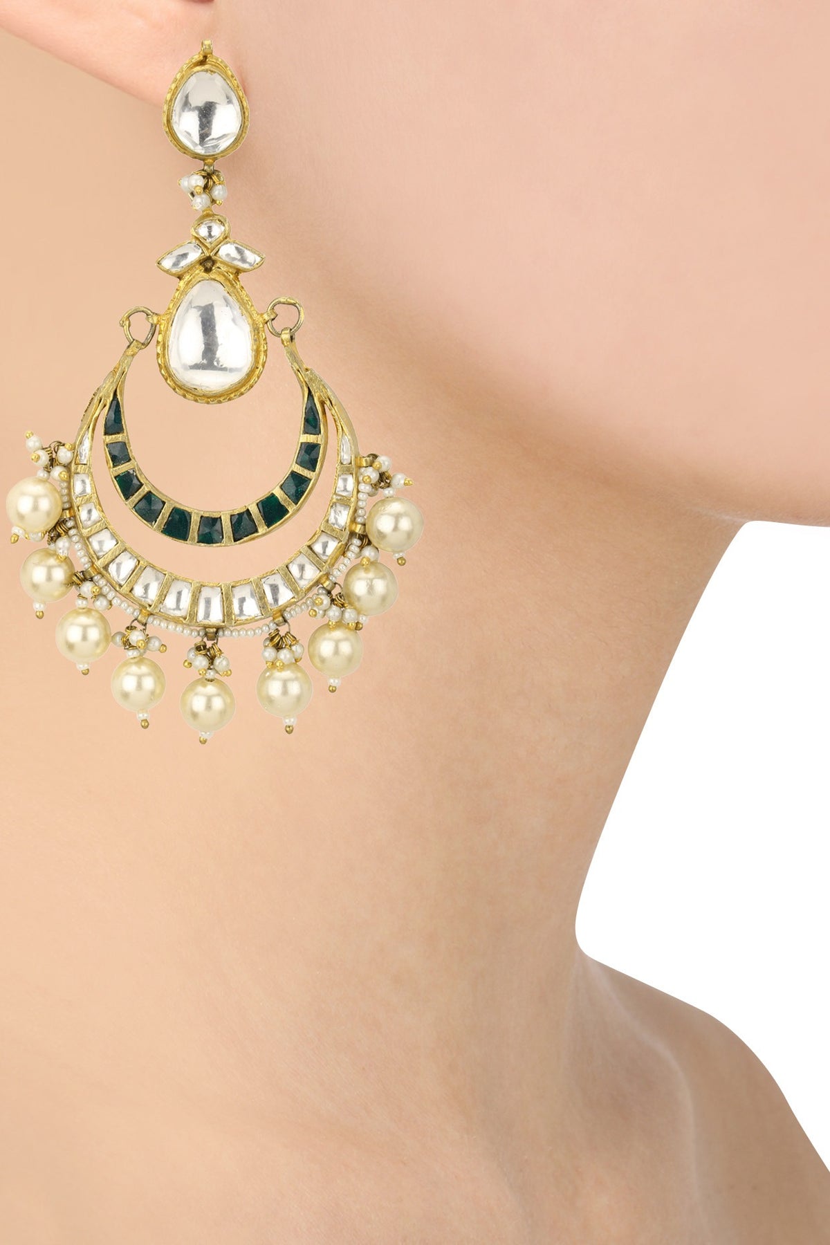 Gold Plated White and Green Jadtar Stones Crescent Earrings