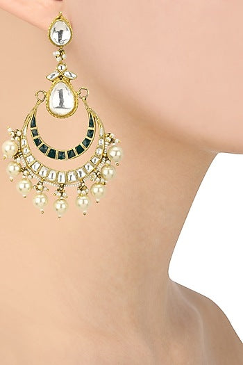 Gold Plated White and Green Jadtar Stones Crescent Earrings