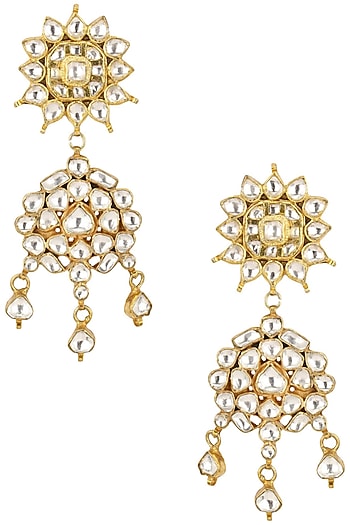 Gold Plated Jadtar Stones Two Tier Earrings