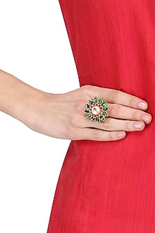 Gold Plated Pink and Green Jadtar Stone Flower Ring