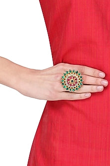 Gold Plated Pink, Green and White Stone Flower Ring