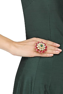 Gold Plated Small Jadtar Stone Flower Ring