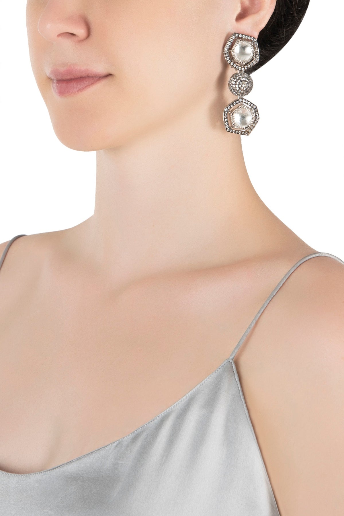 Silver plated kundan and crystal earrings