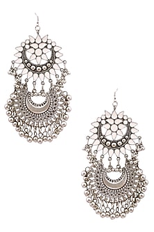 Silver Plated Double White Enamel Cutwork Crescent Motifs Earrings
