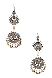 Silver Plated Double Cutwork Crescent Gold Ghungroos Earrings