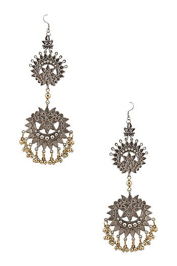 Silver Plated Double Cutwork Crescent Gold Ghungroos Earrings