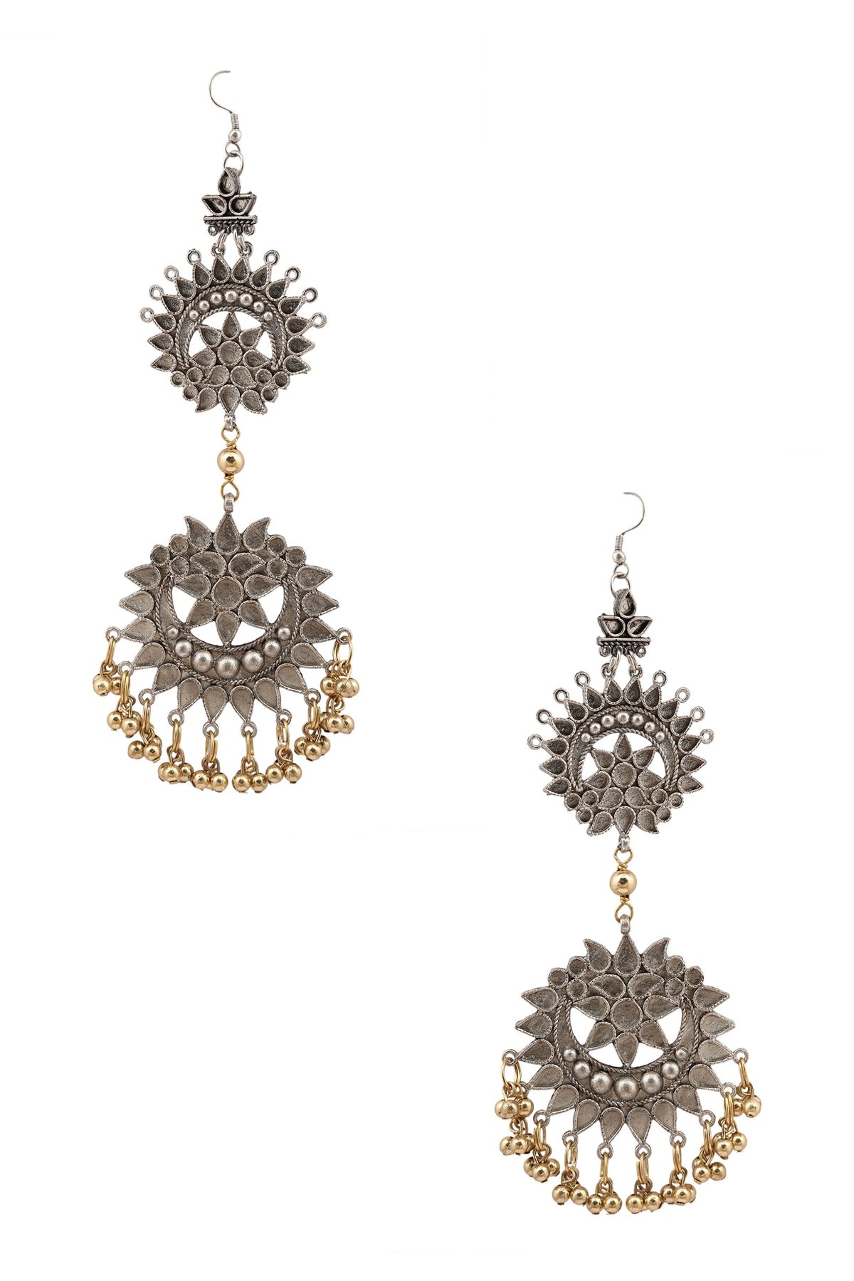 Silver Plated Double Cutwork Crescent Gold Ghungroos Earrings