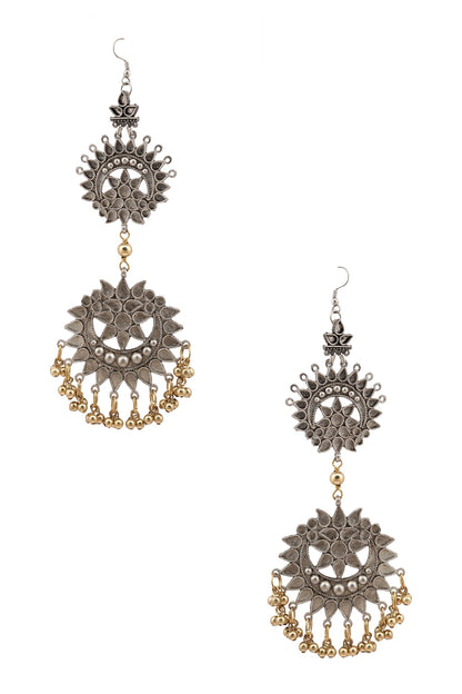 Silver Plated Double Cutwork Crescent Gold Ghungroos Earrings