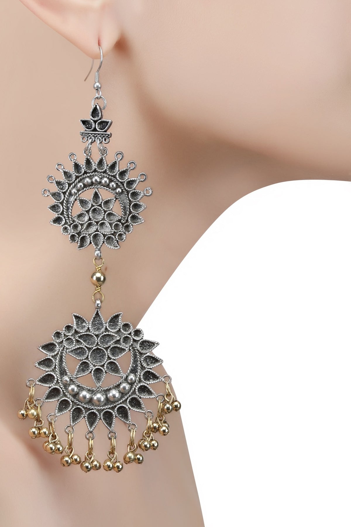 Silver Plated Double Cutwork Crescent Gold Ghungroos Earrings