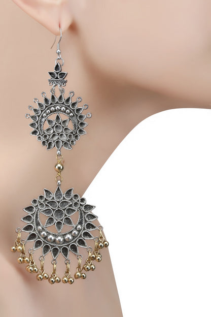 Silver Plated Double Cutwork Crescent Gold Ghungroos Earrings