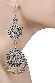 Silver Plated Double Cutwork Crescent Gold Ghungroos Earrings