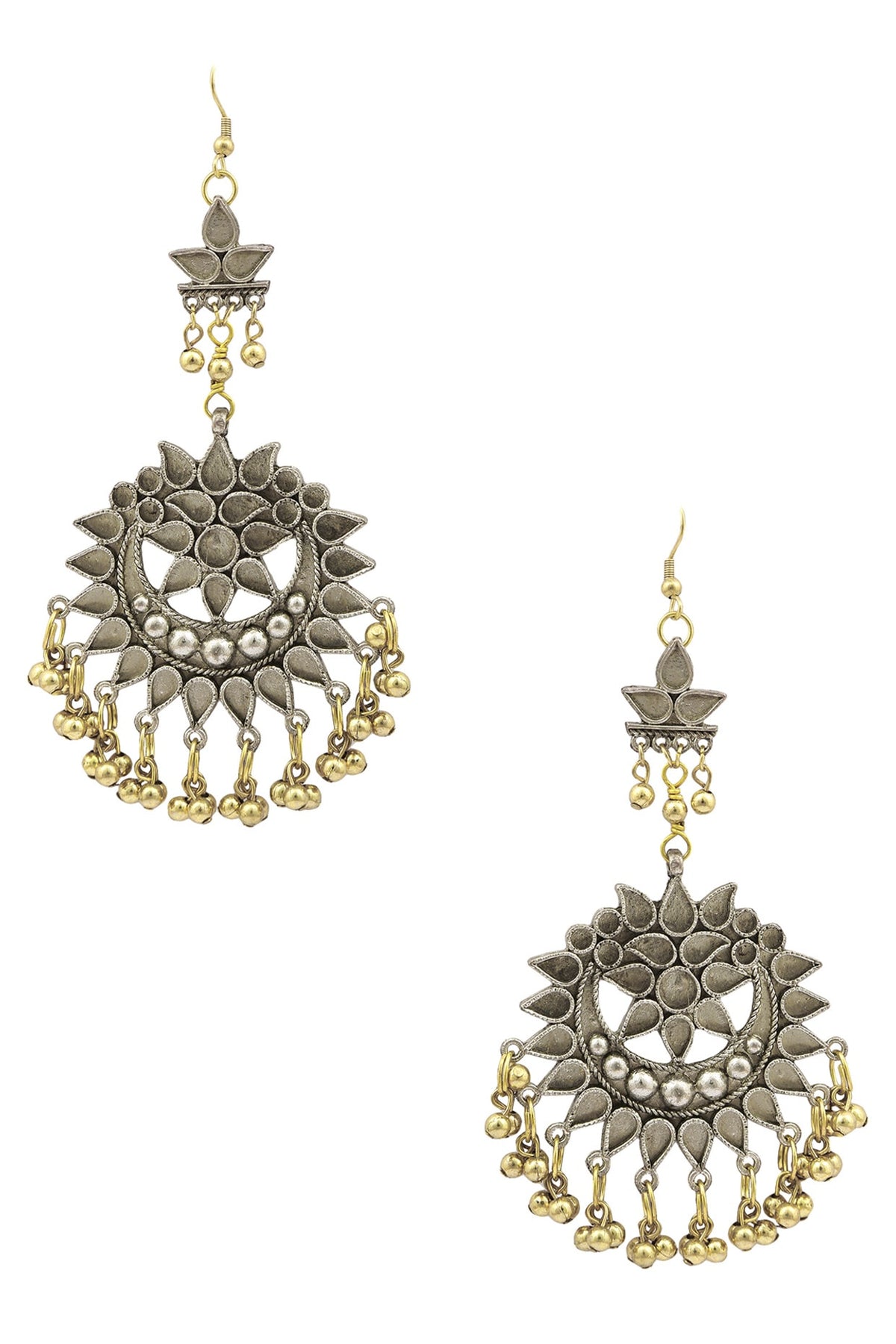 Silver Plated Cutwork Motif Gold Ghungroo Earrings