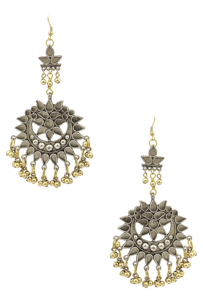 Silver Plated Cutwork Motif Gold Ghungroo Earrings
