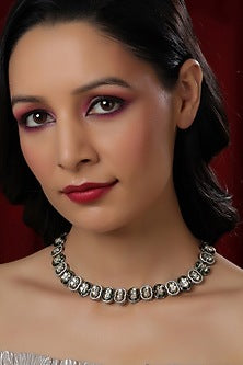 White Finish Kundan Polki & American Diamond Meenakari Necklace In Sterling Silver