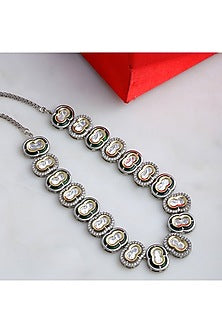White Finish Kundan Polki & American Diamond Meenakari Necklace In Sterling Silver